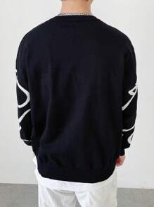 Claim Dot Men Dinosaur Pattern Drop Shoulder Sweater - Black and White - View 2