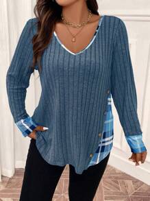 SHEIN LUNE 大尺寸拼色圖案短袖t恤,襯托格紋細節和肋口下擺 - 霧霾藍 - 查看 3