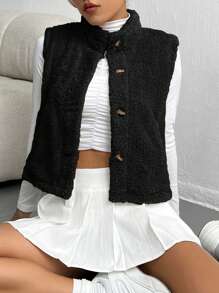 SHEIN Unity Button-up Plush Vest Jacket - Black - View 3