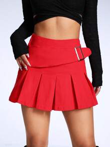SHEIN ICON Buckle Strap Detail Pleated Denim Skirt - Red - View 6