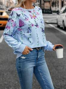 SHEIN LUNE Butterfly Print Drop Shoulder Sweatshirt - Baby Blue - View 4