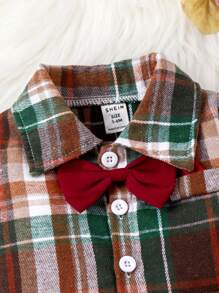 男嬰格紋印花前蝴蝶結襯衫&背帶褲