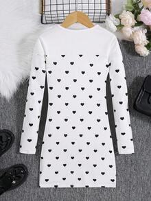 SHEIN Tween Girl Heart Print Button Detail Dress Without Belt - White - View 2