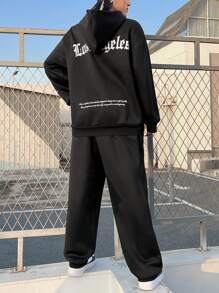 SHEIN EZwear 加大碼女性寬鬆字母印花2件套裝 - 黑色 - 查看 3