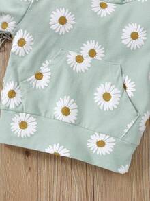 2pcs Baby Girls' Cute Flower Printed Kangaroo Pocket Hoodie And Pants Set, Soft & Comfortable, Casual - Multicolor - View 5