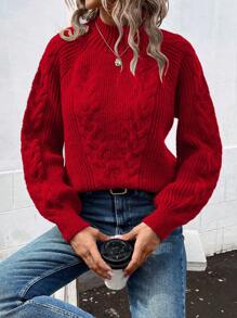 SHEIN LUNE Jersey Con Manga Raglán Y Decoración De Cable Tejido Para Mujer - Rojo - Ver 5