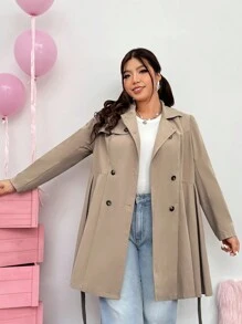 SHEIN MOD Plus Double Breasted Pleated Hem Belted Coat - Khaki - View 7