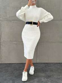 EURMUSE Cable Knit High Neck Sweater Dress Without Waist Belt - White - View 1