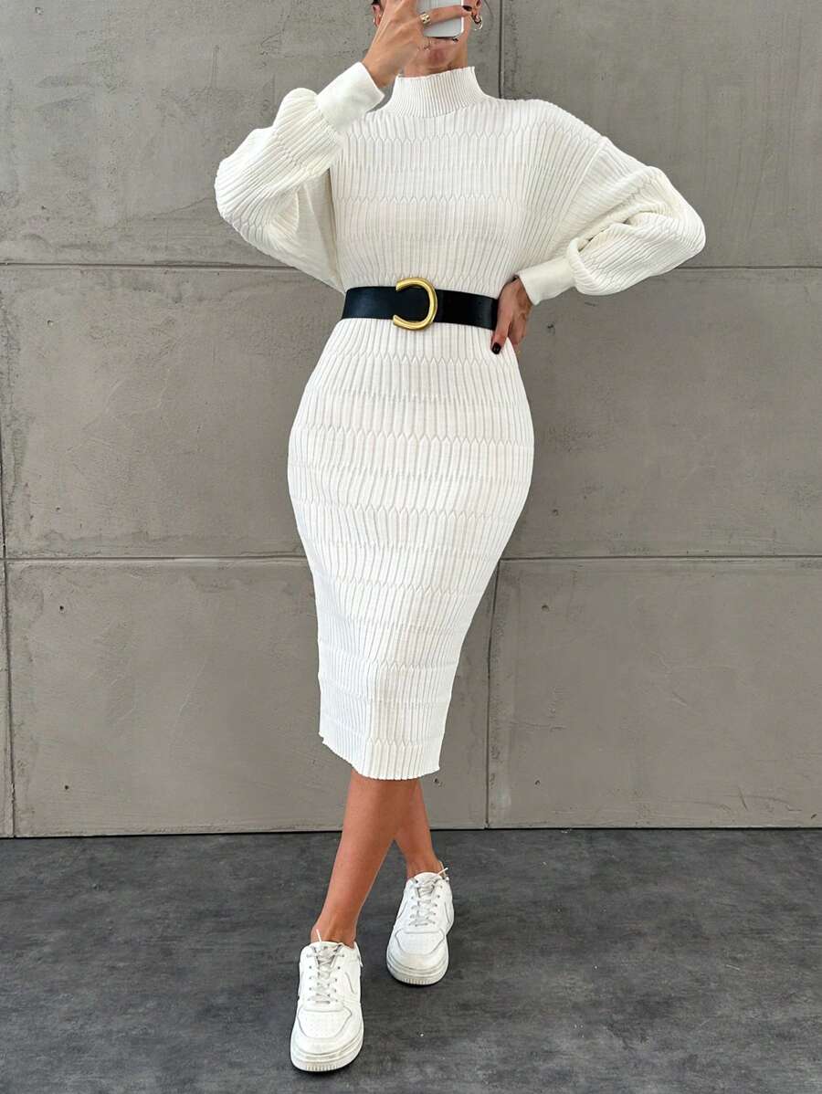 EURMUSE Cable Knit High Neck Sweater Dress Without Waist Belt - White - View 1