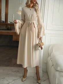 SHEIN LUNE 純色短袖蛋糕連衣裙 - 杏色 - 查看 6