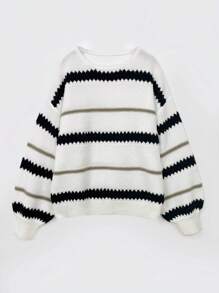 Women's Casual Striped Pattern Drop-Shoulder Loose Pullover Long-Sleeve Sweater Tops White