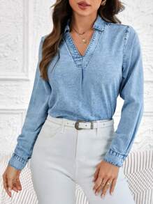 SHEIN LUNE Solid Notched Neck Denim Top - Medium Wash - View 4