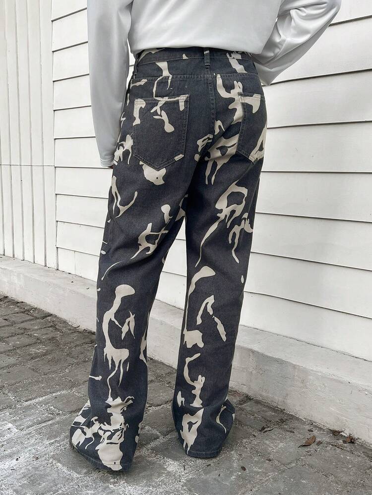 Men Graphic Print Straight Leg Jeans