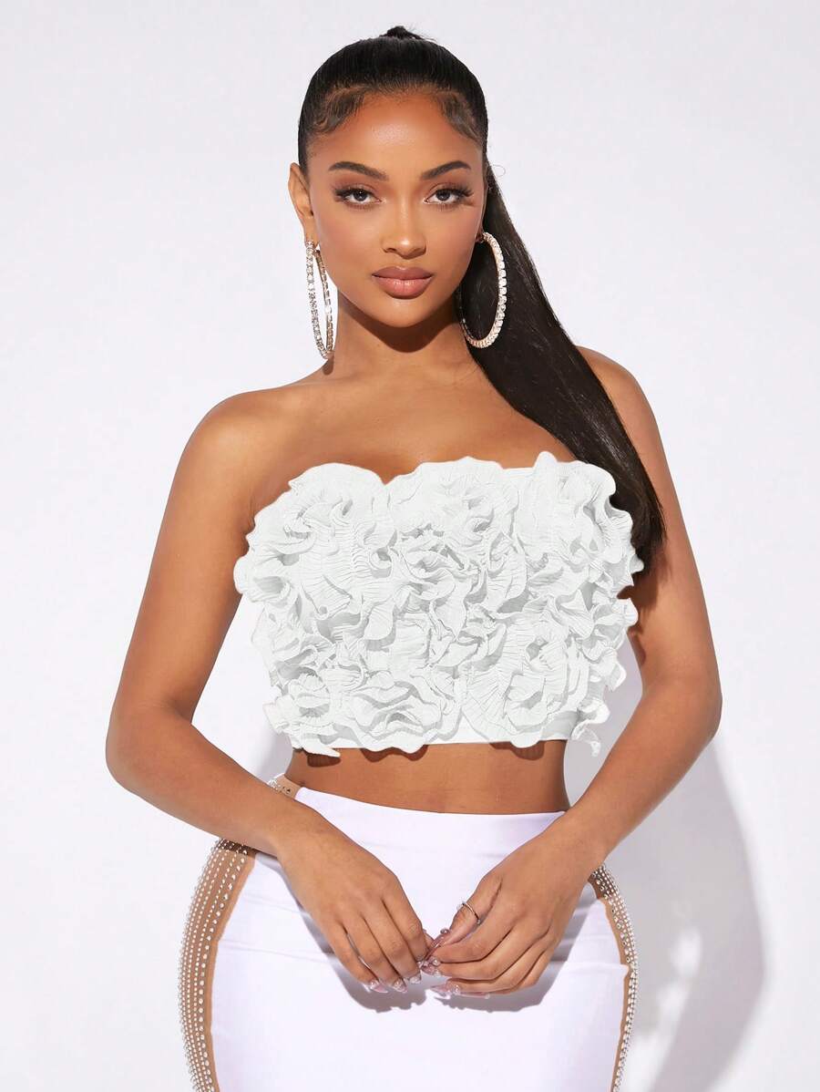 SHEIN SXY Appliques Detail Crop Tube Top Bachelorette Party Valentine Day Spring Women Clothes 3D Rose Going Out Tops - White - View 1