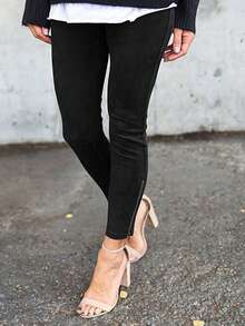 女款簡約純色修身長褲 - 黑色 - 查看 5