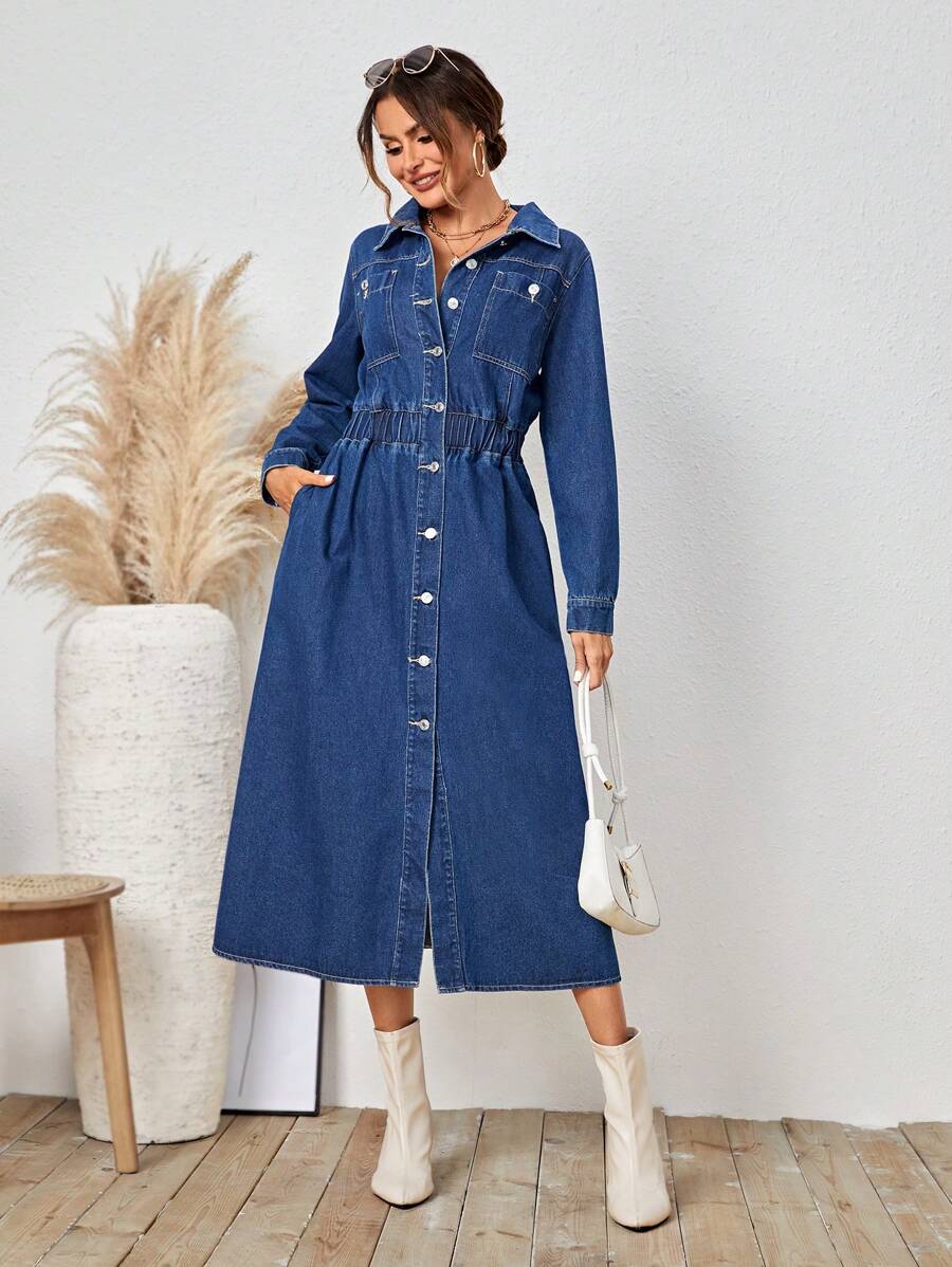 SHEIN LUNE Turn-down Collar Buttoned Denim Dress - Dark Wash - View 1