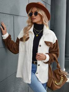 SHEIN LUNE 女款寬鬆休閒色塊下垂肩夾克 - 杏色 - 查看 3