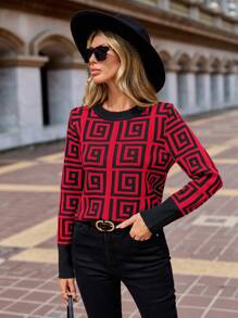 SHEIN Clasi 女性幾何樣式套頭毛衣 - 紅色 - 查看 1