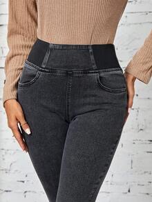 SHEIN LUNE Của phụ nữ Quần jean ôm Với Túi - Xám - Xem 4