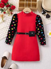 SHEIN Young Girl Colorful Heart Pattern Dress With Waist Bag - Burgundy - View 1