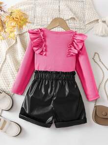 SHEIN Little Girls' Lettuce Hem Embellished Top And Faux Leather Shorts Set - Multicolor - View 2