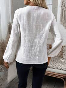 SHEIN LUNE 女性素色燈籠袖襯衫 - 白色 - 查看 2
