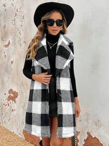 SHEIN Frenchy In kẻ sọc Buffalo Cổ bẻ Teddy Áo vest - Đen và trắng - Xem 5