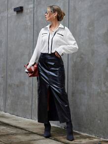 SHEIN Privé Women's Crop T-shirt With Shirt Collar, Color Blocking, Button Placket And Binding Detial - White - View 5
