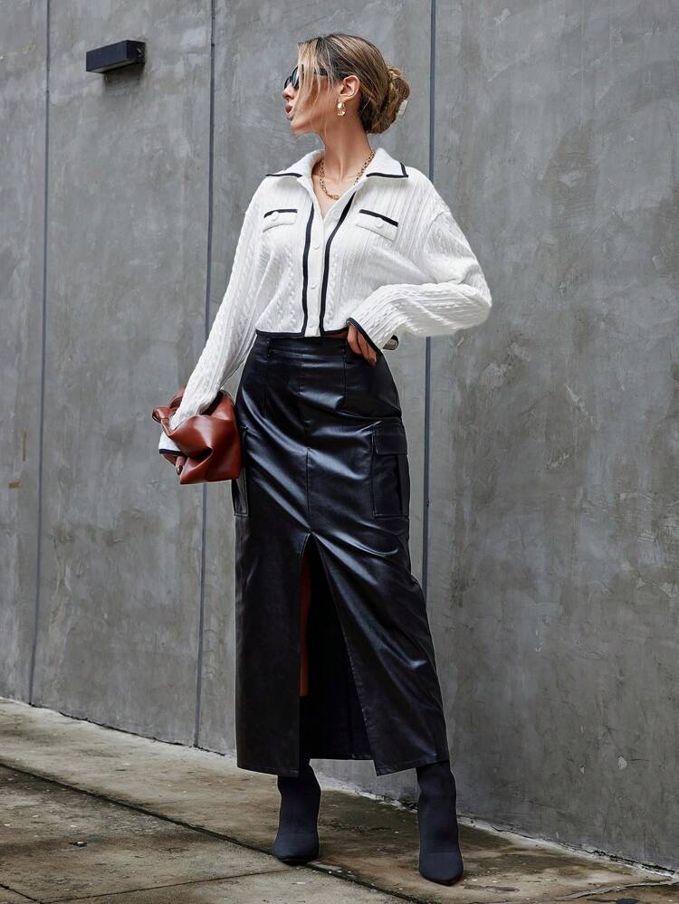 Women's Crop T-shirt With Shirt Collar, Color Blocking, Button Placket And Binding Detial