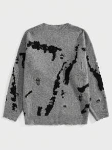 ROMWE MEN Grunge Punk Men Pullover Sweater With Ripped Details And Color Contrast - Light Grey - View 2