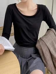 Dream Adore 女性用カジュアル ブラック ニット 高伸縮性 ラウンドネック 長袖 レギュラー丈 サーマルインナートップ、秋冬用