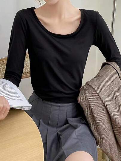 Women's Casual Black Knitted High Stretch Round Neck Long Sleeve Regular Length Thermal Underwear Top, Fall / Winter