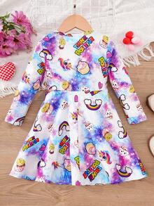 SHEIN 女童繽紛卡通圖案獨角獸印花舒適可愛連身裙 - 彩色 - 查看 2