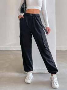 SHEIN Tall Women'S Solid Color Cargo Pants - Black - View 5