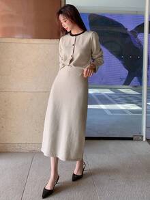 Dazy Star Contrast Trim Cardigan & Knit Skirt - Light Grey - View 4