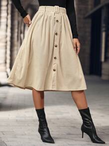 Chiquease Button Front Belted Corduroy Skirt - Apricot - View 7