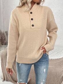 SHEIN LUNE Áo len chui đầu tay lửng cài nửa khuy, chất liệu dệt kim, thích hợp cho mùa thu đông. - Màu be - Xem 5