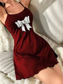 Bow Print Lettuce Trim Cami Pajama Nightdress Bow Tie