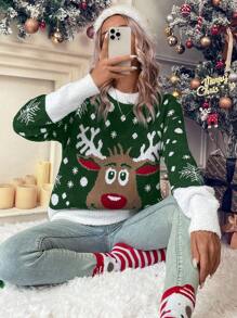 SHEIN LUNE Women's Sweater With Reindeer & Snowflake Patterns - Dark Green - View 7