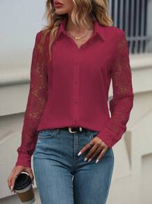 SHEIN Clasi Ren Vá lại Áo sơ mi - Màu Đỏ Sâu - Xem 4