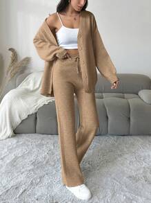 EURMUSE Women's Solid Color Button-down Cardigan And Knitted Straight-leg Pants Sweater Two-piece Set - Brown - View 5