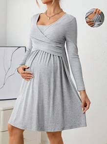 SHEIN Maternity 1pc Foldable Wrap Cross Nursing Dress - Grey - View 1