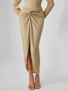 VALERIA GÓMEZ Designer 1pc Twist Front Split Thigh Elegant Skirt, Women Elegant Skirt, For Summer, Holiday, Party, New Year Eve