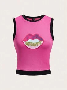 SHEINNeu 嘴唇印花拼接邊背心上衣 - 彩色 - 查看 1