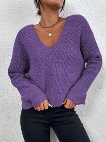 SHEIN Frenchy Solid V-Neck Drop Shoulder Sweater - Purple - View 6