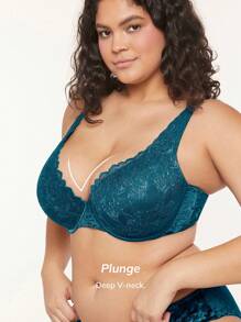 LUVLETTE Plus Lingerie Lounge Curve Velvet Lace Plunge Lightly Lined Bra - Dark Green - View 5