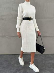 EURMUSE Cable Knit High Neck Sweater Dress Without Waist Belt - White - View 4