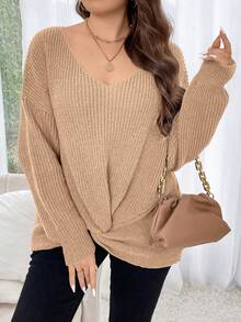 Calvaya Hơn Mặt trước xoắn Thả vai Áo len - Màu Khaki - Xem 4