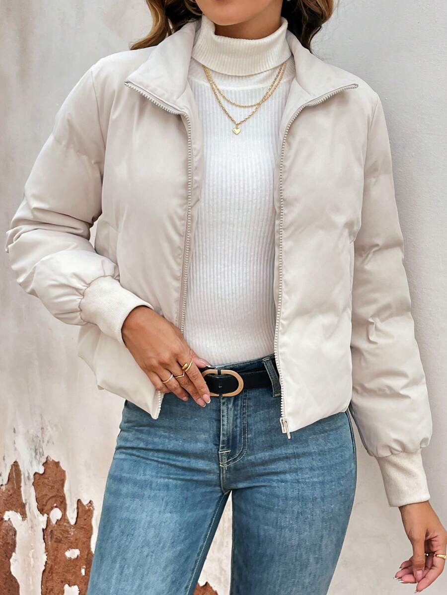 SHEIN Essnce Áo khoác đệm có khóa kéo cho quần áo mùa đông - Màu be - Xem 1