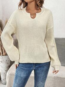 SHEIN LUNE Solid Color Notched Neckline Drop Shoulder Knit Pullover Fall Winter Sweater - Apricot - View 4
